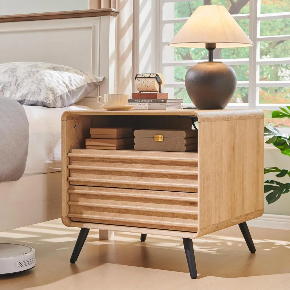 

24" Nightstand Set of 2 w/Charger Station, Mid Century Modern Fluted End Table w/2 Drawers, Wooden Side Table with Open Storage