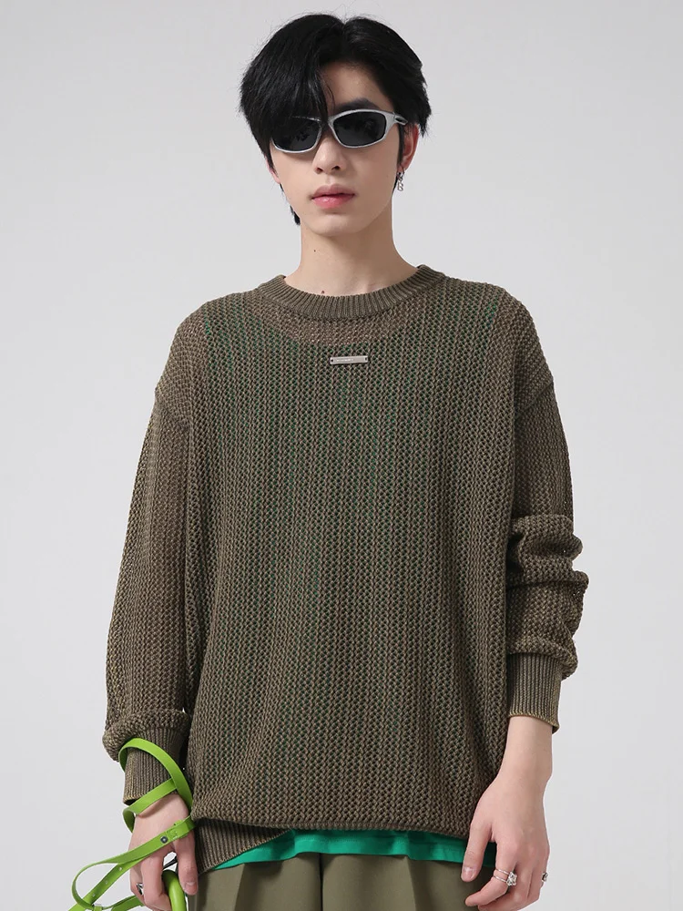 Knitted Men Sweater Metal Decorative 2022 Spring Menswear Round Neck New Korean Design Solid Color Bottomed Top 2A1945