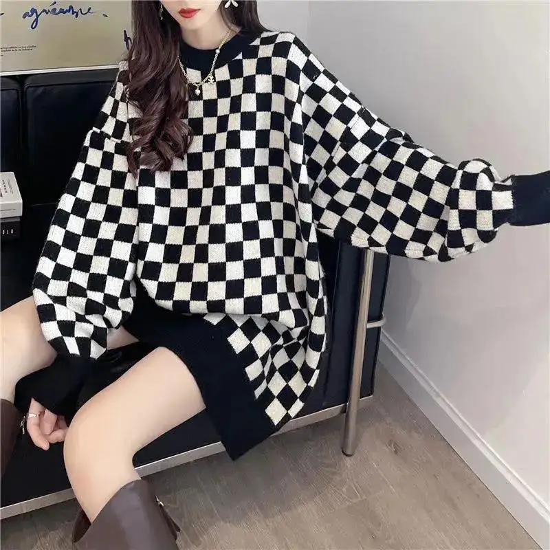 Plaid Sweater Lazy Style Round Neck Loose Mid-Length Outer Pullover Plus Size New Dresses