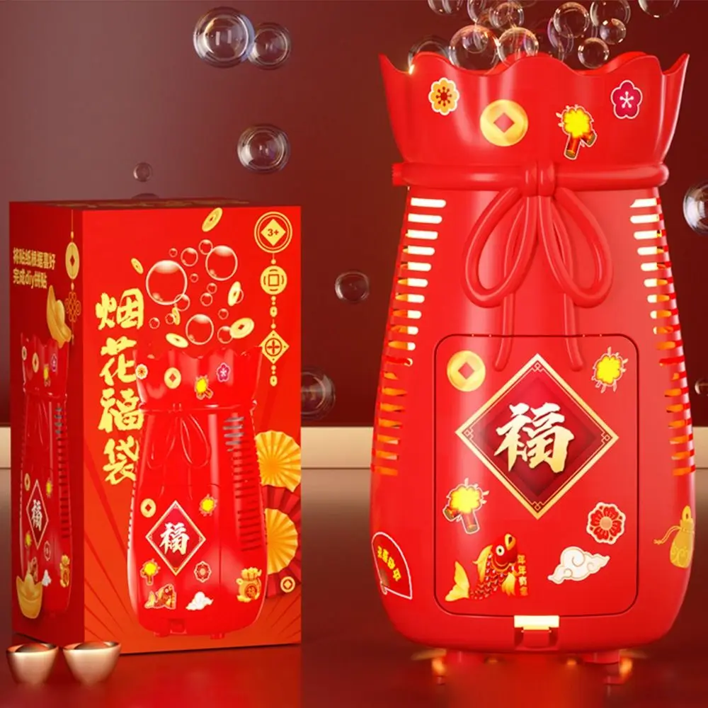 Máquina portátil de bolhas de plástico, máquina eletrônica vermelha de fogos de artifício, luzes flash, sons, sopro automático de bolhas, ambiente externo e interno