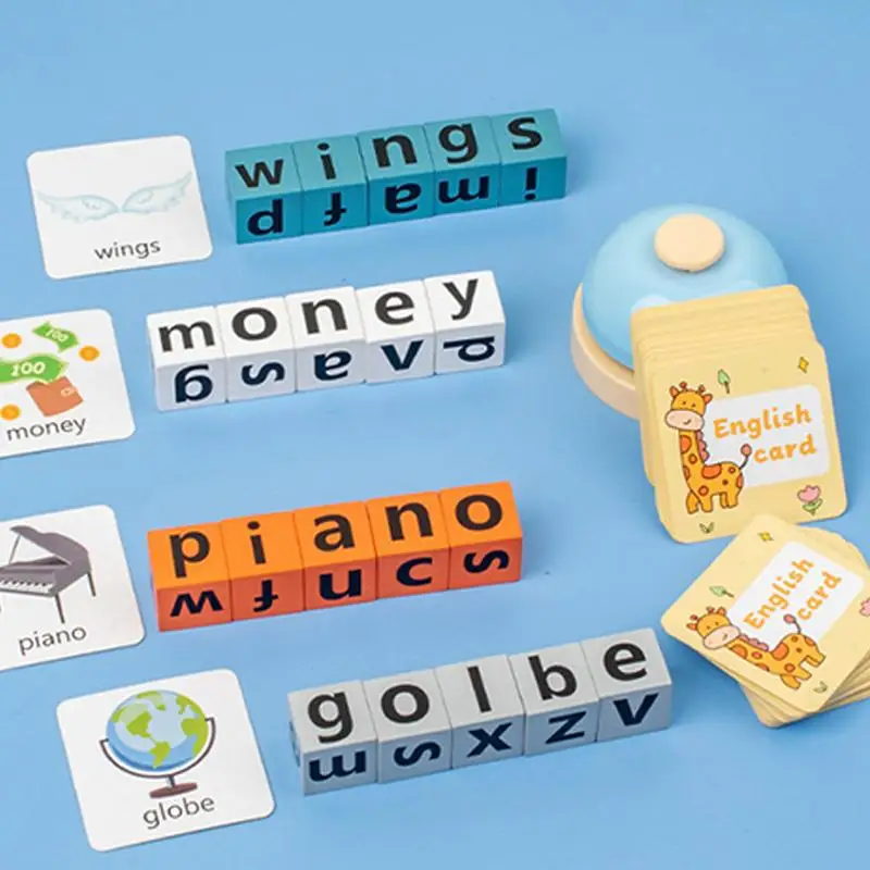 Spelling Words Game Blocks Wooden Alphabet Spelling Game Toys With Flash Cards Learning Toy With Bell Sight Words Recognition