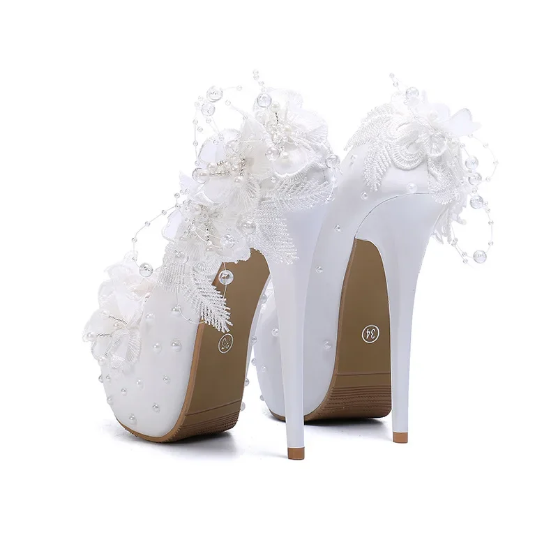 Pumps for Women Shoes Fashion Shallow String Bead Wedding PU 14CM Thin Heels Platform 3.5cm Lace Flower Pearl Lovely Woman Shoes