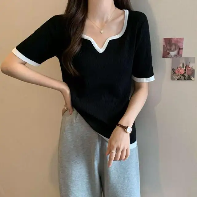 2024 Women's Seagull Collar Summer New Original Design Fashion Short Sleeve Pullover Contrast Color All-match Loose T-shirt Tops