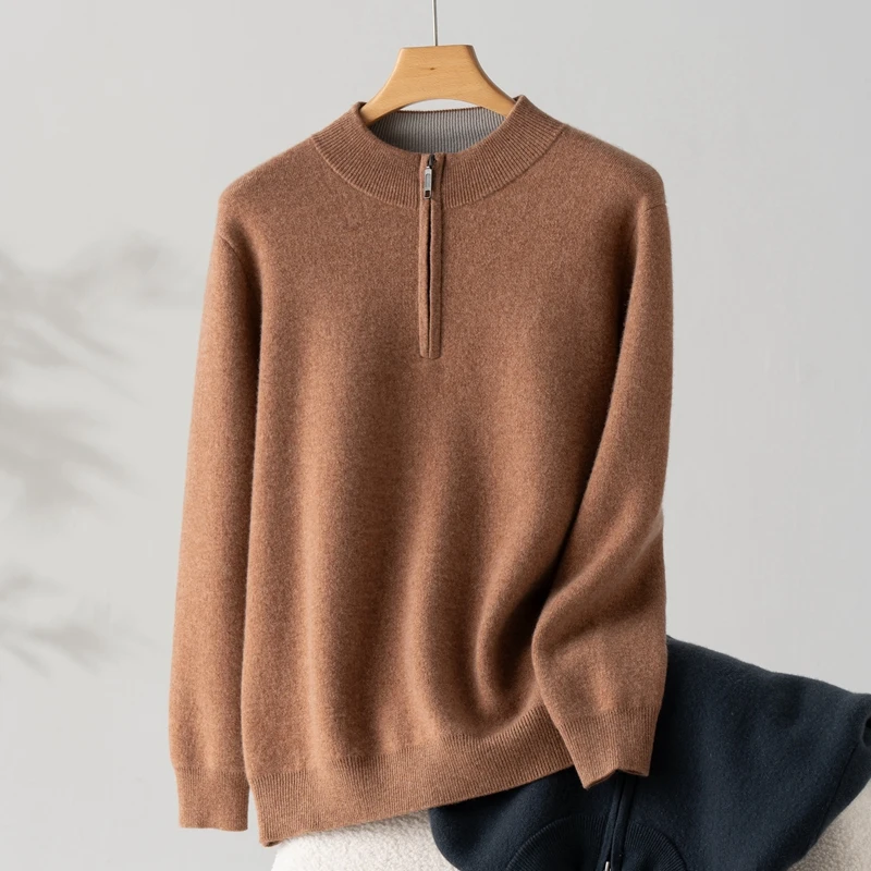 Men's High-End Fine-Knit 100% Pure Cashmere Sweater Half-High Collar Half-Zip Thickened Air-Layer Warm Pullover