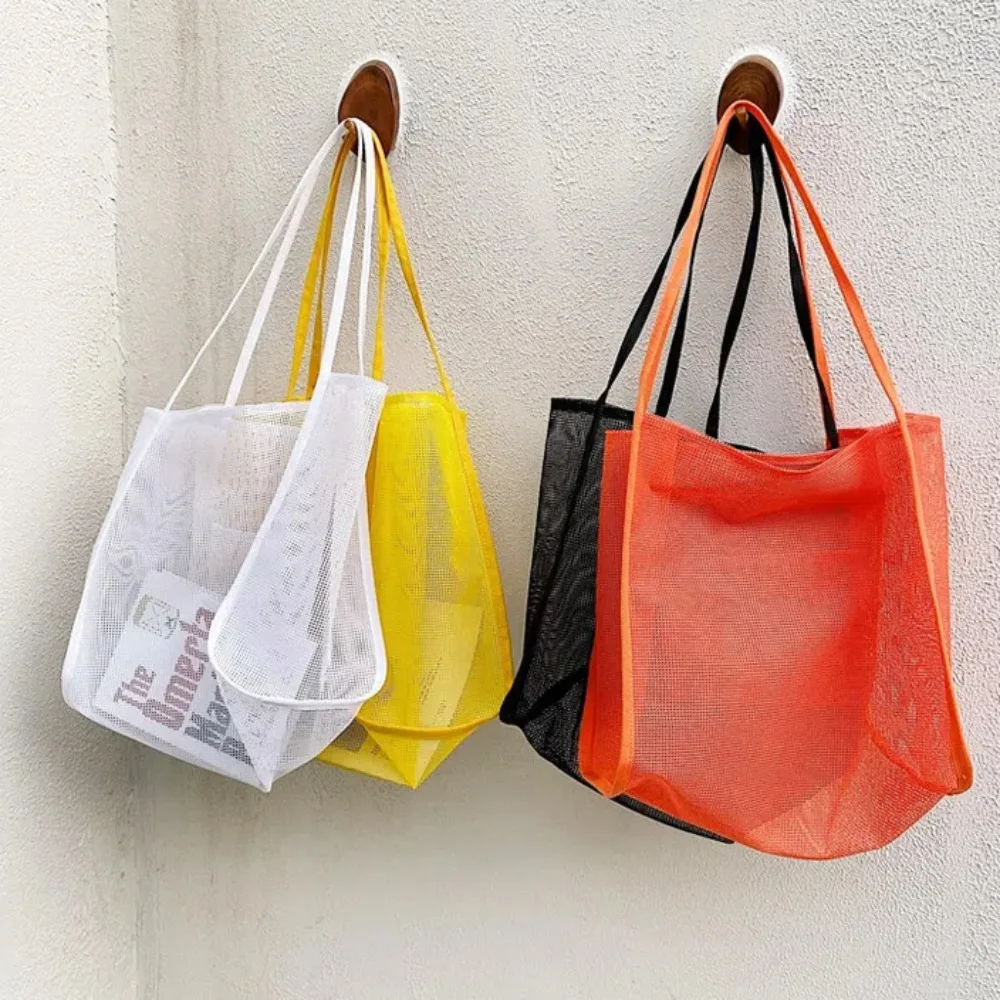 Nylon Mesh Shoulder Bag Transparent Pockets Beach Handbag Breathable Large Capacity Hollow Tote Bag Toiletry