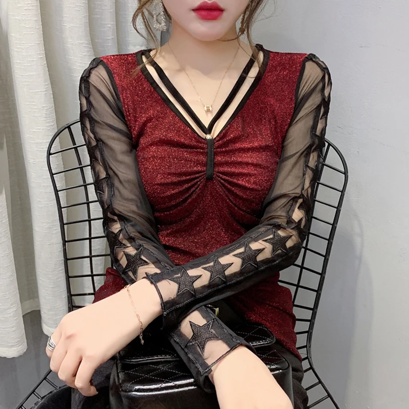 #7927 Red Black Sexy Spliced Mesh See Through T Shirt Women Slim V Neck Hollow Out Elastic Long Sleeved Womens Tee Shirts Tight