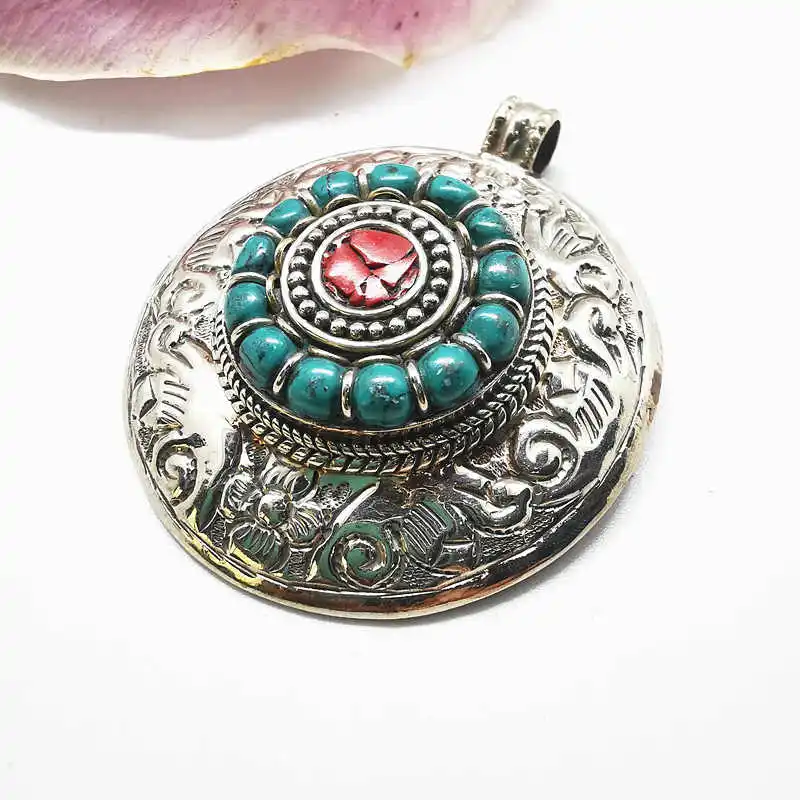 TBP215 Tibetan Jewelry Nepal Vintage Pendant Copper Inlay Colorful Stone Big Round Pendants