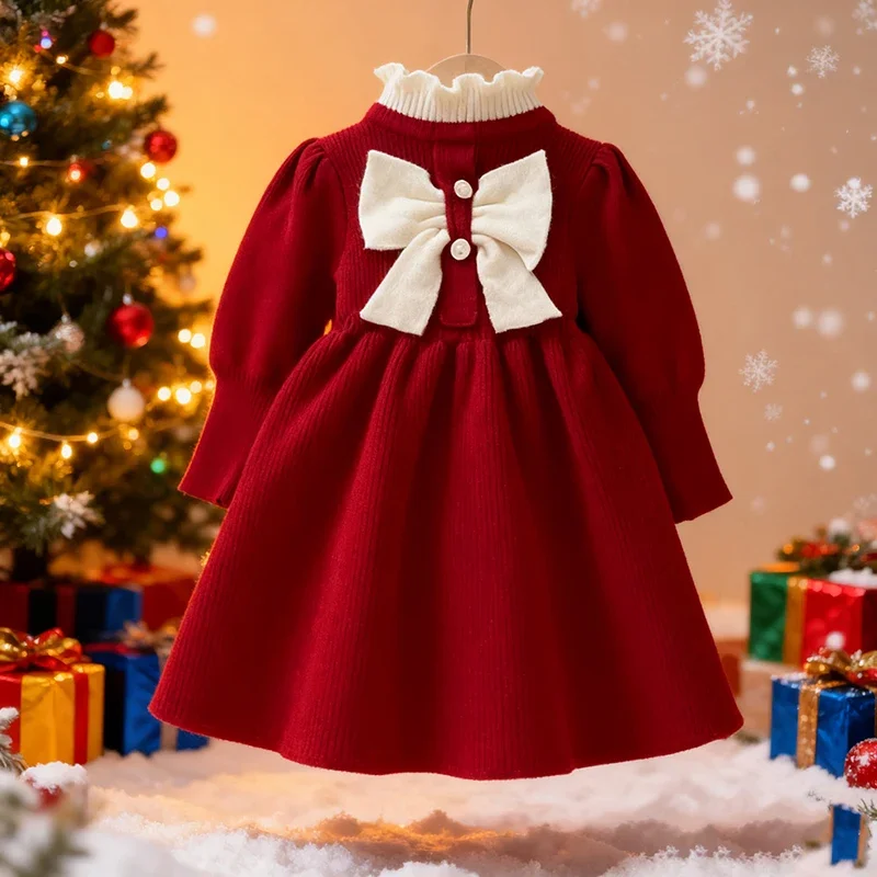 الخريف الفتيات الطفل كشكش محبوك الأميرة سترة فستان عيد الميلاد القوس فستان أحمر الفتيات الحياكة فستان بكم طويل ملابس كاجوال #4