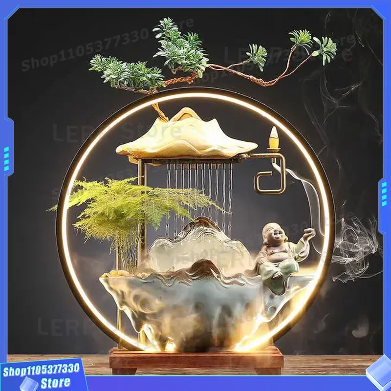 Chinese Traditional Ceramic Table Lamp LED Incense Burner Desktop Decoration Household Electric Water Feature Light Emitting