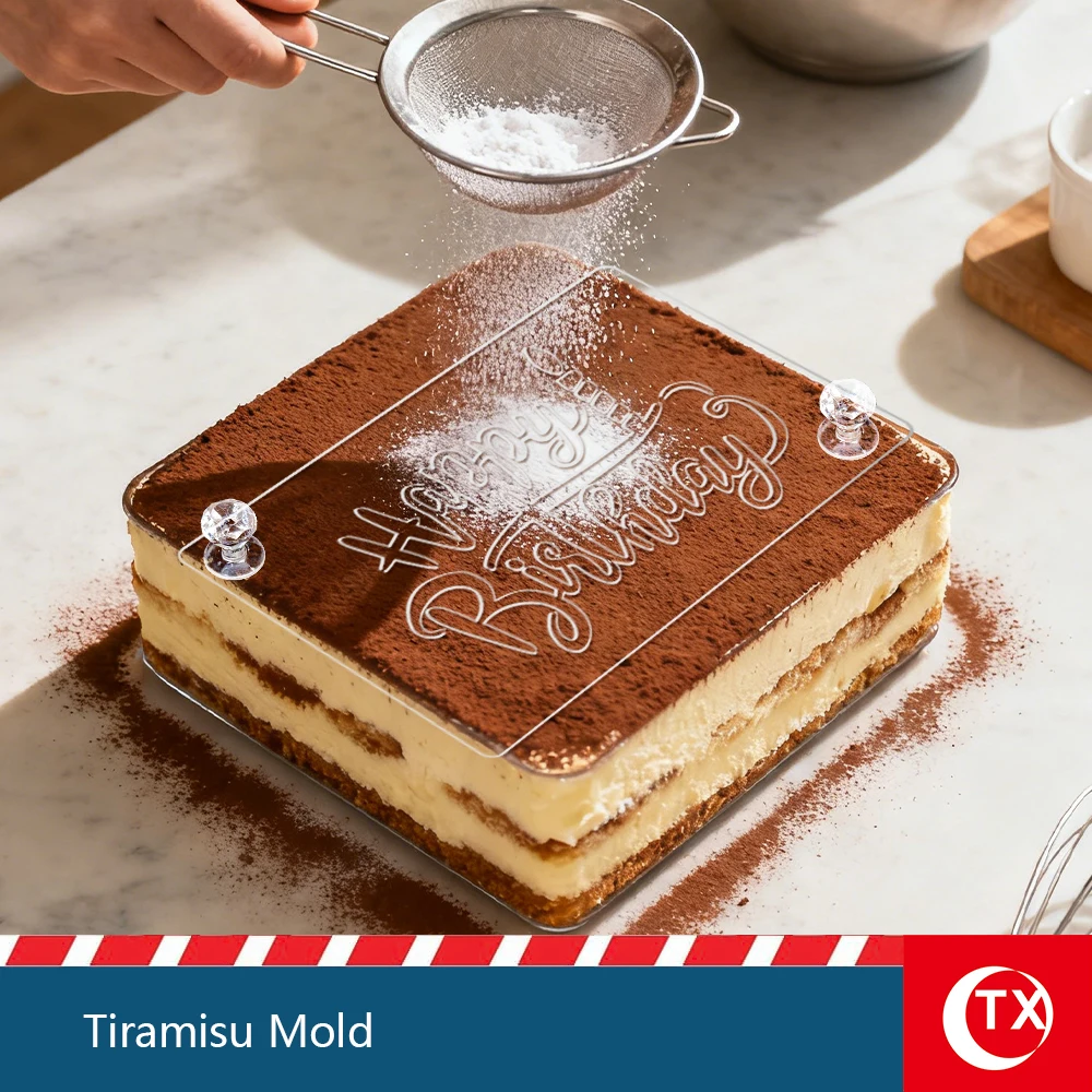 Tiramisu Dusting Stencil – Transparent Acrylic Cake Decoration Mold with 2 Diamond Handles for Easy Lift, 19.9×11.9cm Cocoa & Su