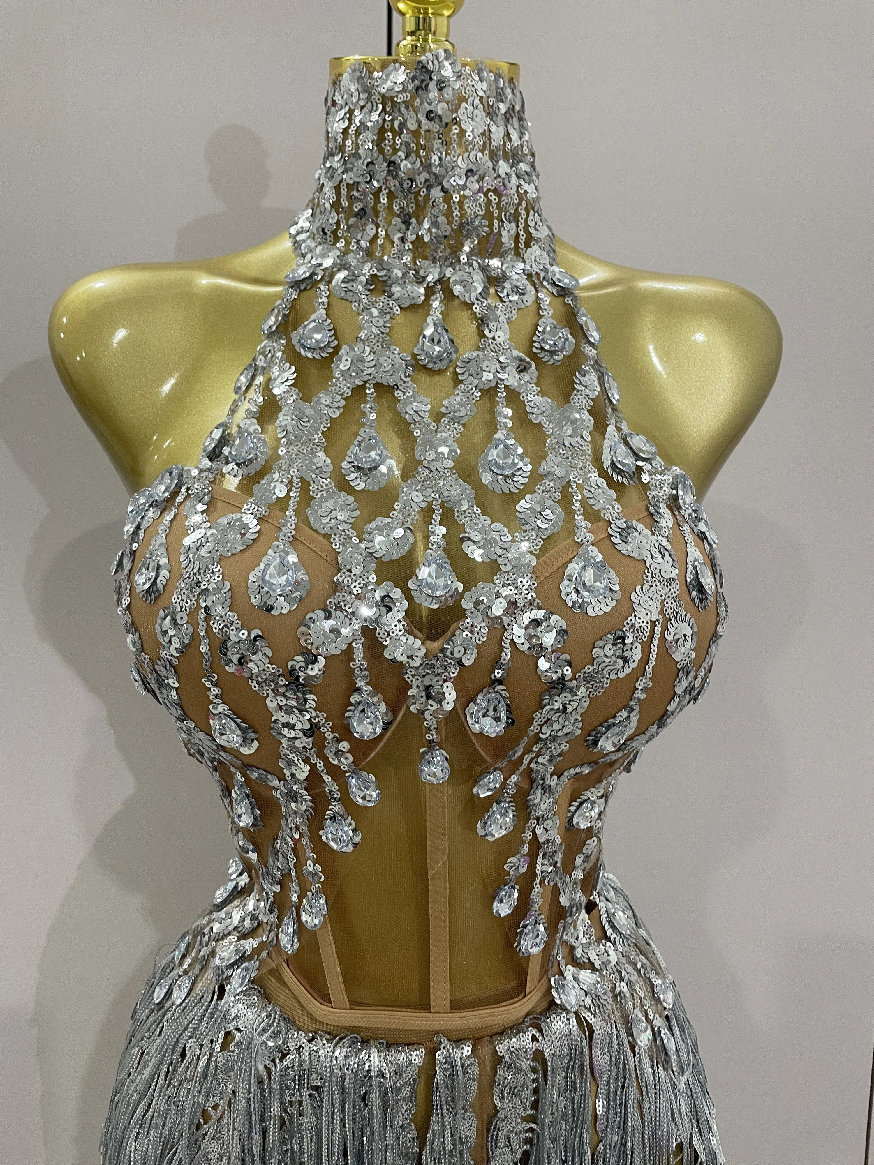 2025 Sexy Shining diamond Sequins Tassels 2 Pieces Set Mini Dress Women Evening Birthday Party Dress Nightclub DJ Stage Costume