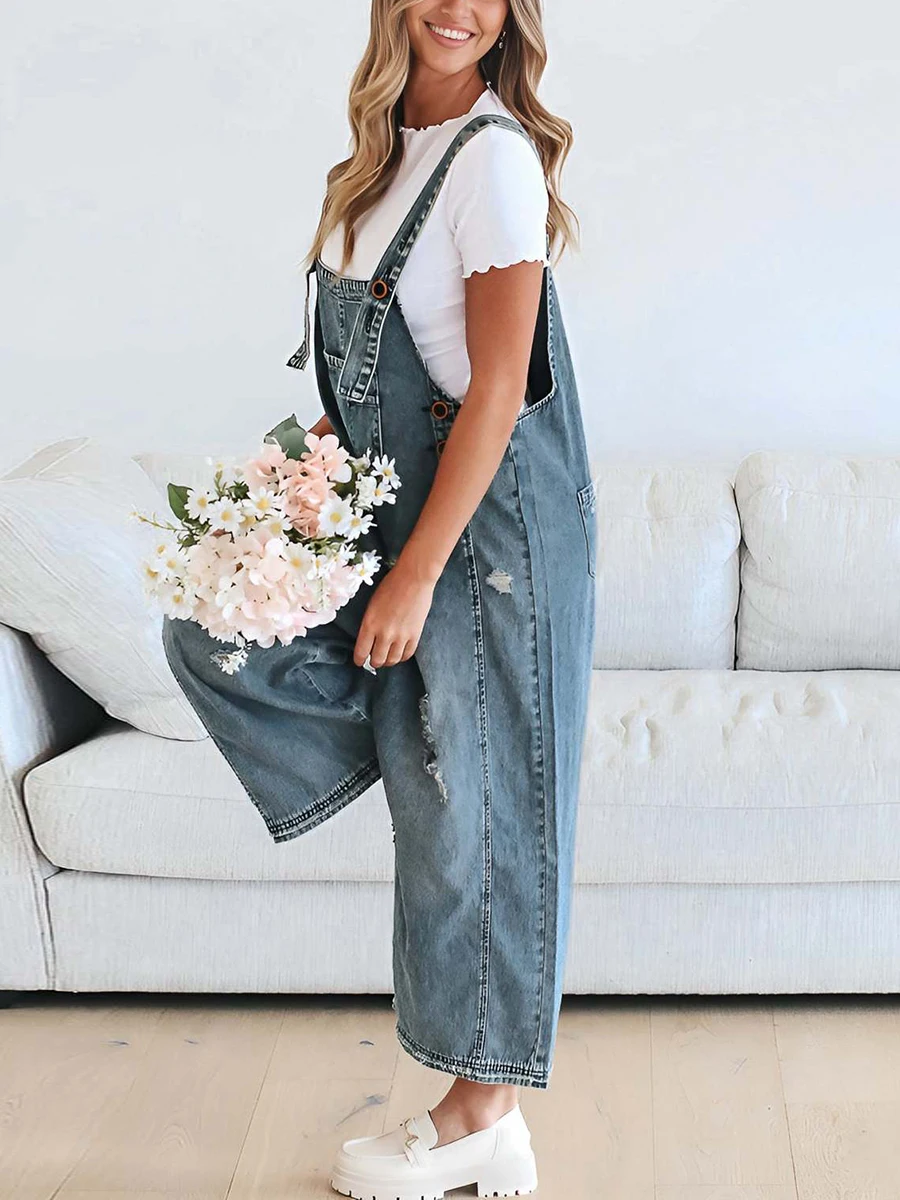 Women Vintage Ripped Denim Overalls Adjustable Straps Pockets Cropped Wide Leg Casual Streetwear Vacation Women's Jean Jumpsuits