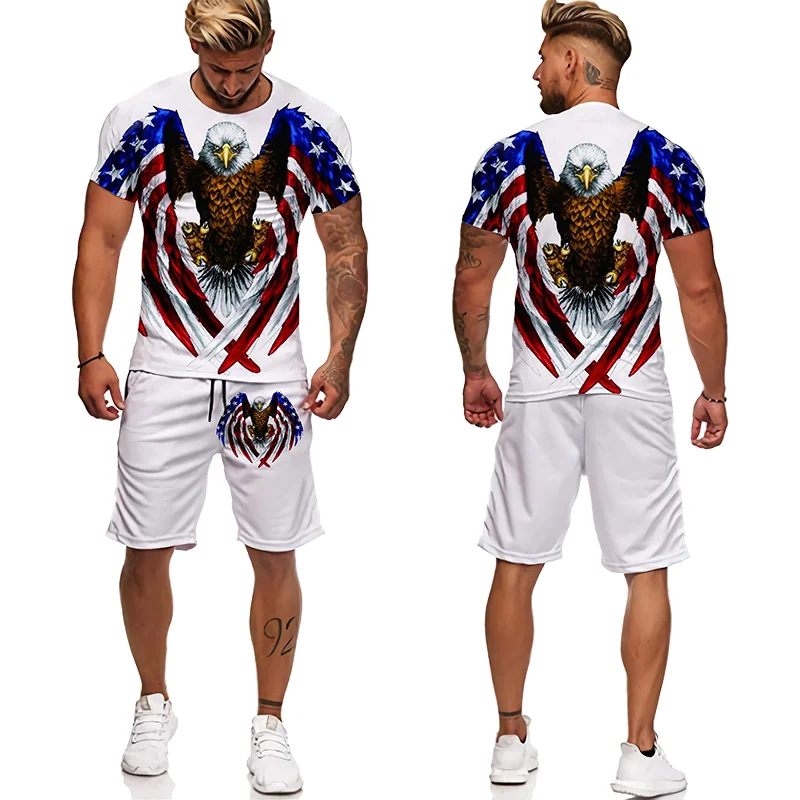 Neue 3D-Druck amerikanische Eule Muster Kurzarm T-Shirt Shorts Männer Kleidung Sommer Trainings anzug lässige Männer setzt kurze Outfits