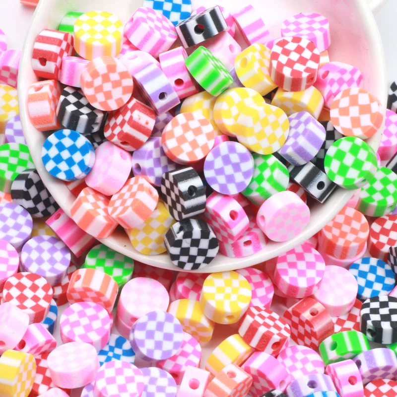 Checkered Pattern Flat Round Polymer Clay Beads 9mm Colorful Mosaic Clay Spacer Beads For Jewelry Making DIY Jewelry Accessories