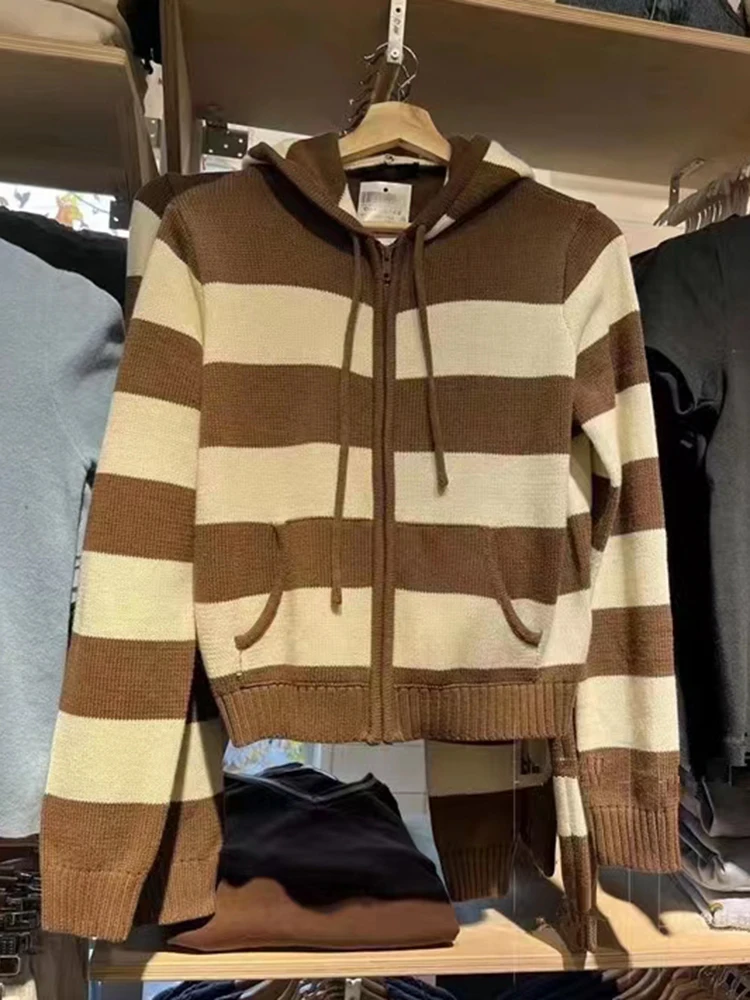 Brown Striped Zipper Cardigan Women Autumn Casual Soft Cotton Warm Long Sleeve Knit Hooded Sweater Vintage Classic Y2k Tops