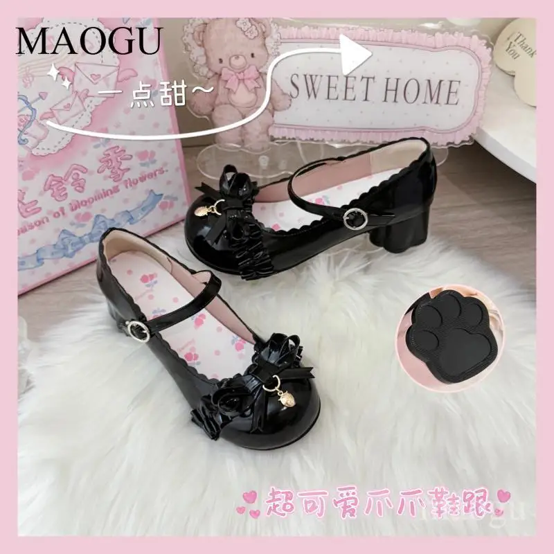 Kawaii Japanese Style Lolita Shoes Women's Sweet Cute Bow Cat Heel Lo Shoe Fashion Round Toe Women's Mary Janes 메리제인슈즈 Size 40