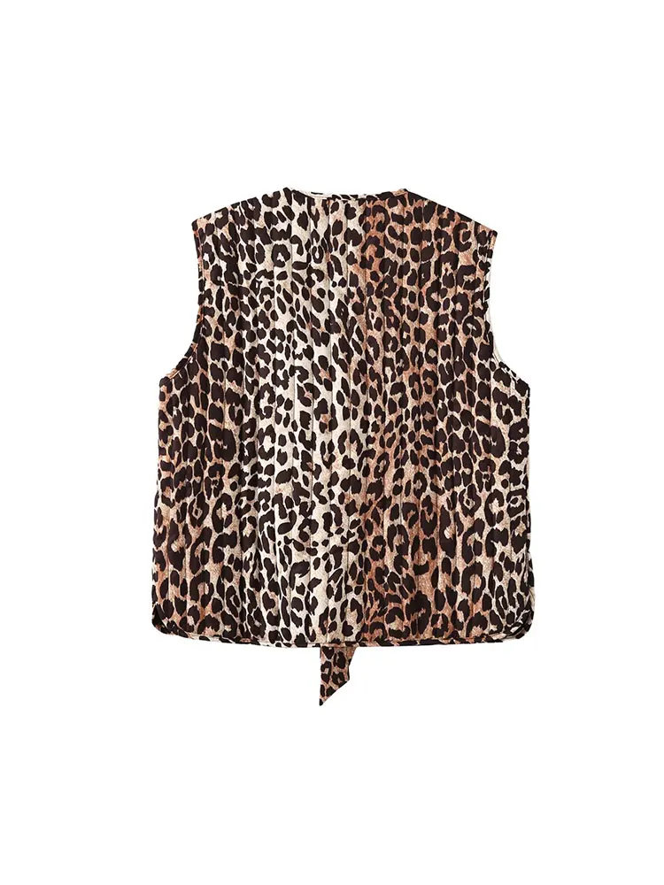 TRAF Autumn Winter Women Waistcoat Leopard Printed Sleeveless Loose Cotton Padded Jacket Vest Bow Lace Up Crop Top Y2K Coat