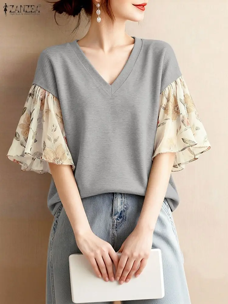 

ZANZEA Elegant Women Blouses Floral Print Patchwork Flared Sleeve V-Neck Loose T-Shirts Everyday Casual Wear Woman Clothes S-3XL