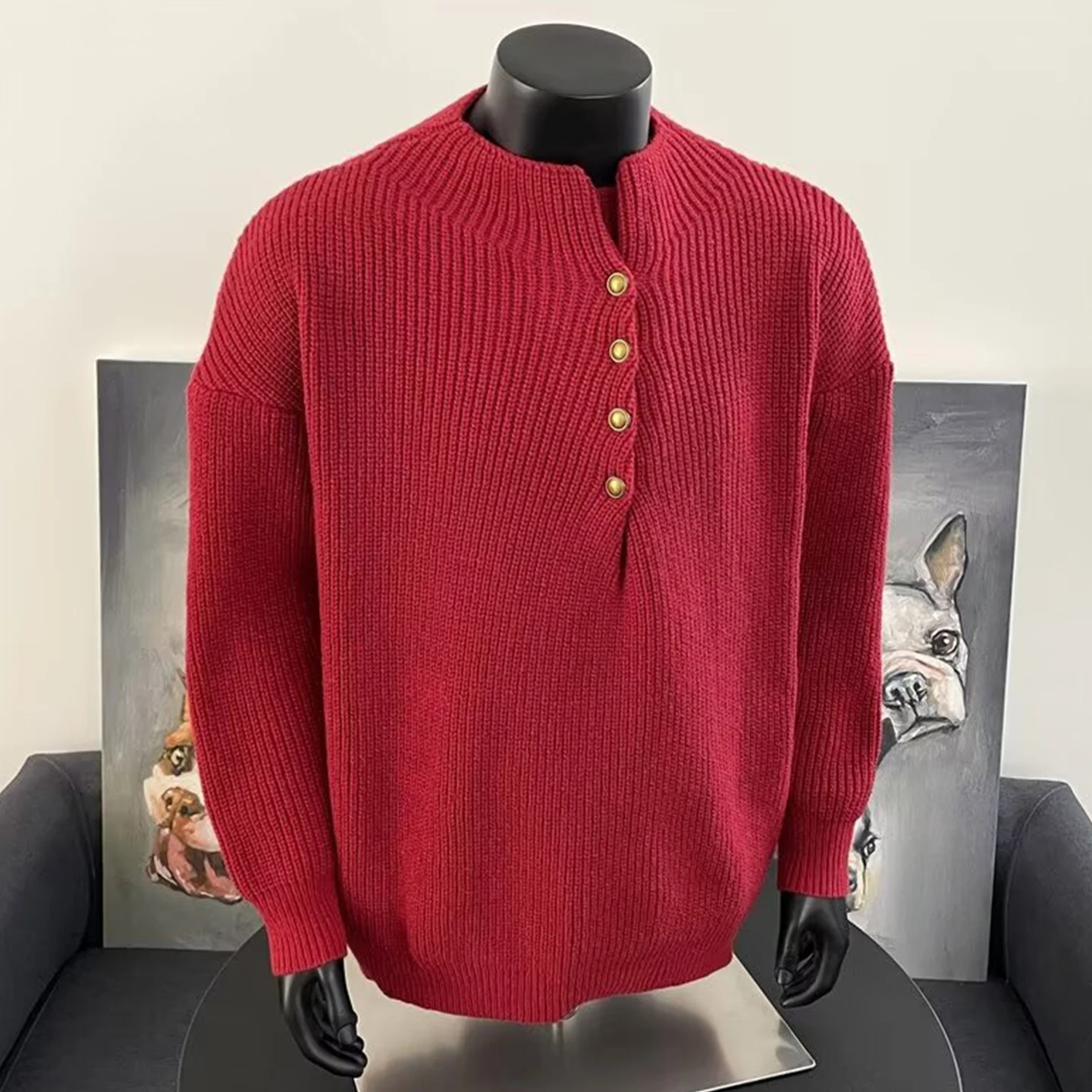 

Red Knitted Sweater Men's f Open Buttoned Crew Ne Thiened Lazy Sle Casual Knitwear Spring Season Long Sve