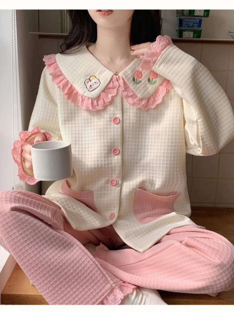 

Y2K стиль принцессы, пикантный кружевной милый пижамный комплект с мультяшным принтом для девочек, осенне-зимний теплый удобный домашний комплект для милых девочек, эмо