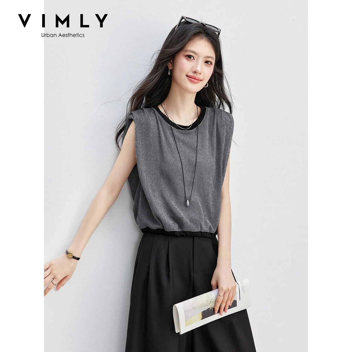 VIMLY Fashion Versatile Sparkly Sleeveless T-shirt Women Summer 2026 New Sweet Cool Color Block Crew Neck Tops Female 30980