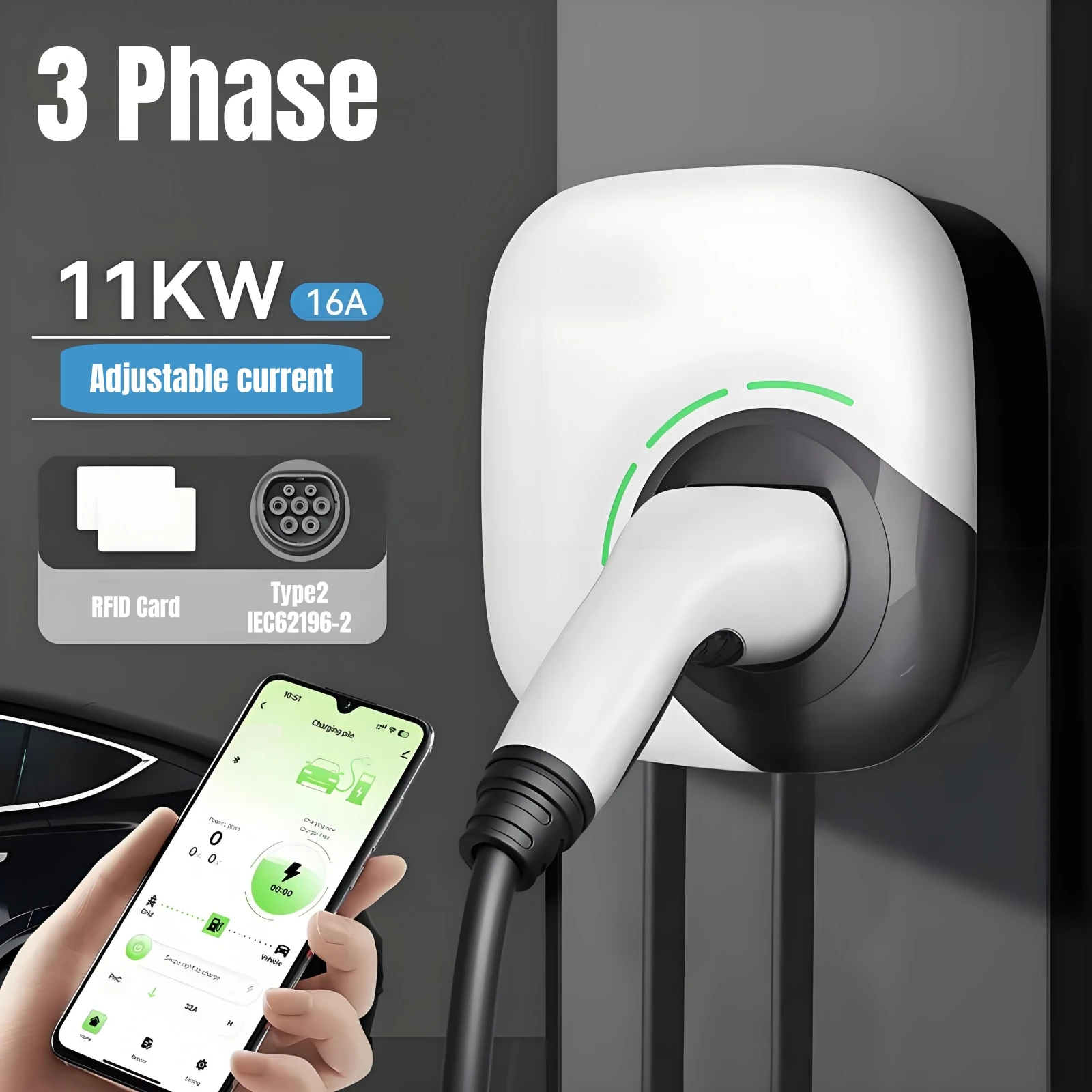

Тип 2 Зарядная станция для электромобилей 11 кВт Зарядное устройство для электромобилей Type2 Wallbox 16A 3-фазный кабель для зарядки электромобилей IEC62196-2 Управление через приложение