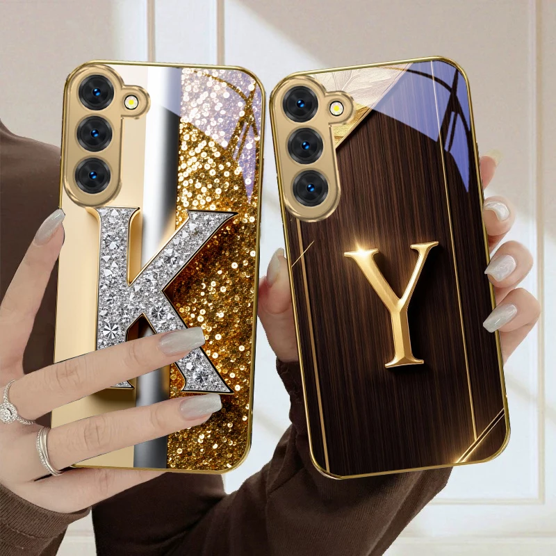 Shining and dazzling "G" For Samsung Galaxy S26 S20 FE 21 22 Ultra 23 Plus 24 Ultra 25Ultra S21+ 22Plus Golden glass phone case
