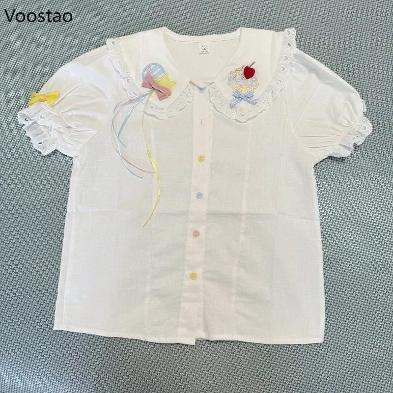 Sweet Lolita Style Shirts Women Kawaii Bow Peter Pan Collar Embroidery Casual Blouses Summer Cute Lace Ruffles Puff Sleeve Tops