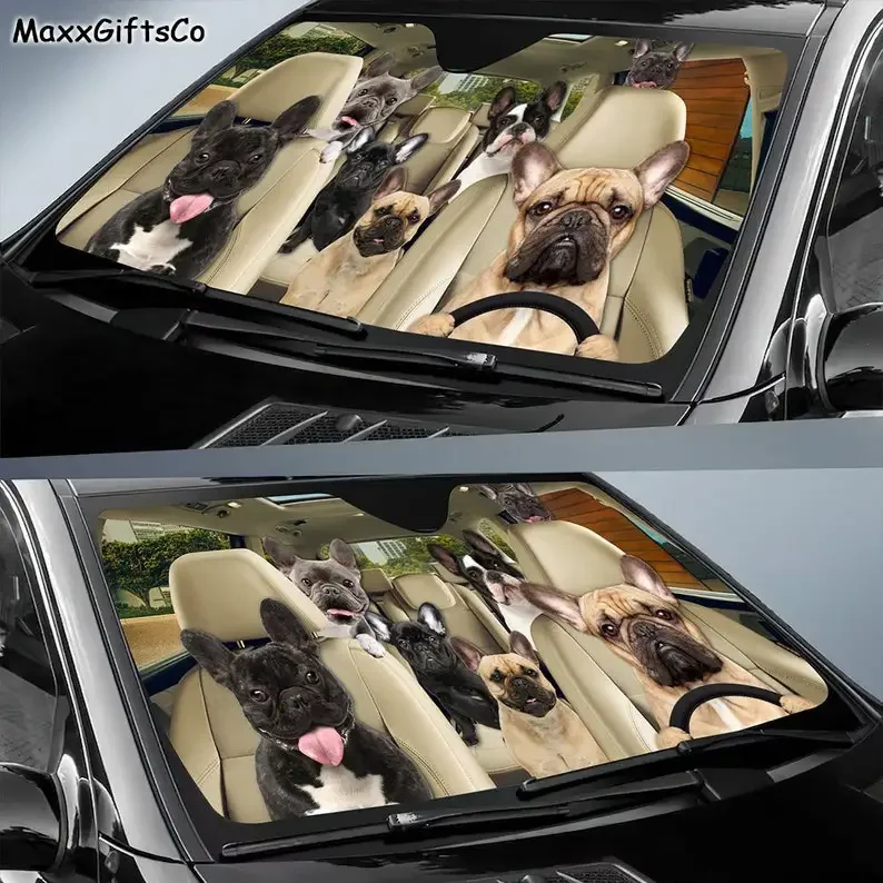 French Bulldog Car Sun Shade Windshield, Dogs Family Sunshade, French Bulldog Car Accessories