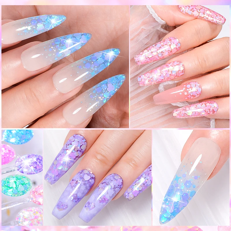 Macaron Glitter Sequins Nail Gel Polish Pink Purple Star Heart Shaped Sequins Gel Polish Semi Permanent Nail Art Gel Varnishes