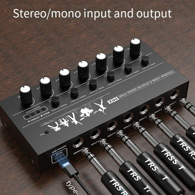 6-Channel Audio Mixer Ultra Low Noise Line Mixer Easy Operation Stereo Mixer For Guitars Bass Keyboards And Stage Mixing