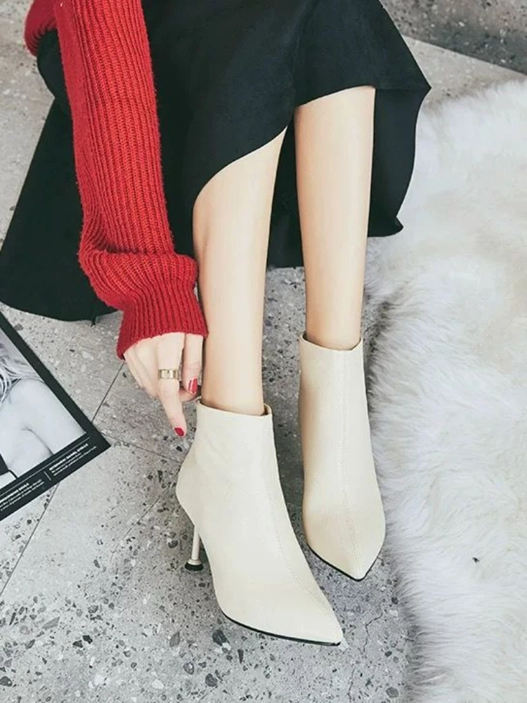 Footwear Short Shoes for Woman Leather White Pointed Toe Booties Women\'s Ankle Boots Elegant with Medium Heels Work Comfortable