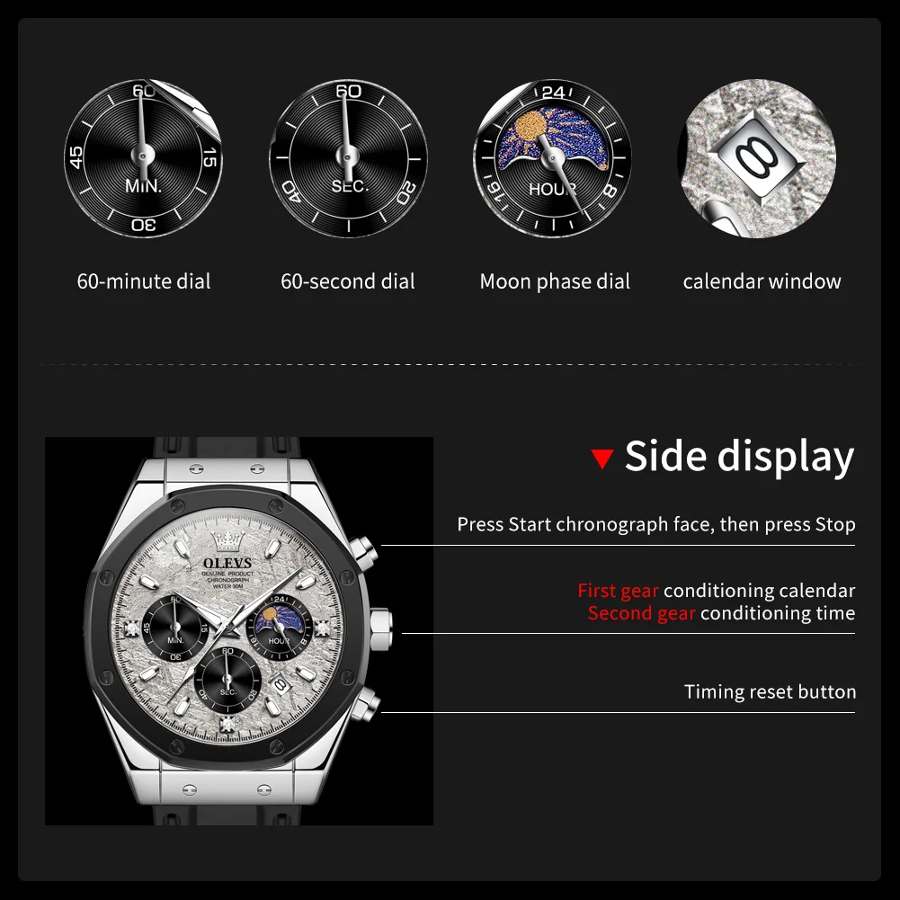 OLEVS Luxury Brand Quartz Men's Watch Original Silicone Strap Waterproof Moon Phase Chronograph Fashion Brand Sports Men's Watch