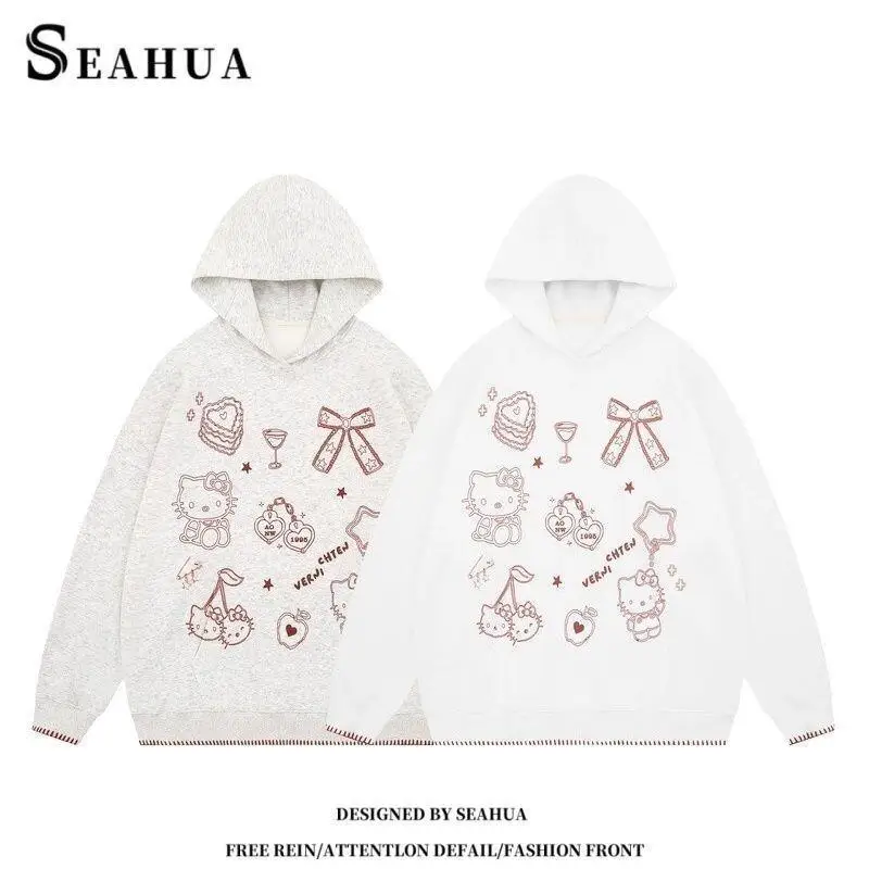 سانريو مرحبا كيتي الخريف والشتاء الحد من العمر سترة فضفاضة Kawaii أنيمي موضة عادية مقنع البلوز قطعتين مجموعة امرأة