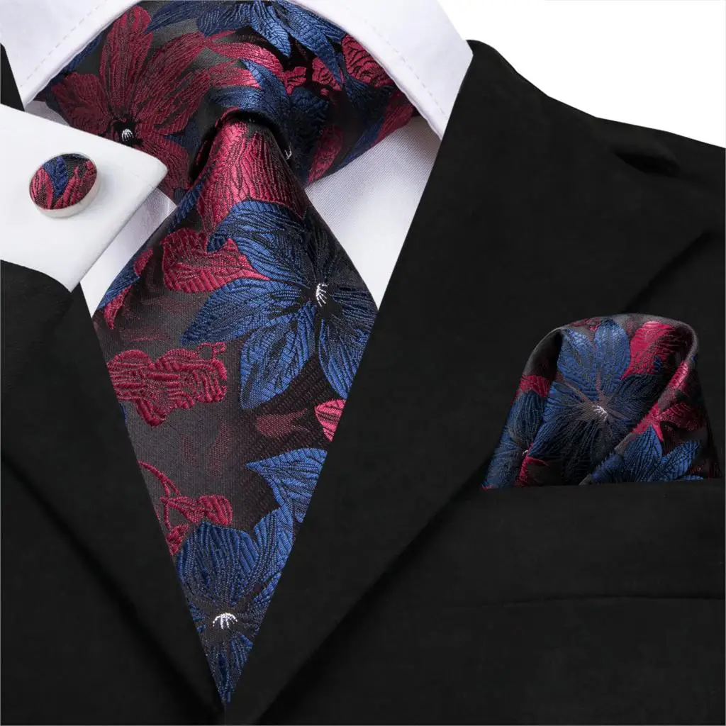 SN-3125 Hi-Tie 8,5 cm Zijden Heren Stropdas Bloemen Rood Blauw Stropdassen voor Mannen Klassiek Feest Bruiloft Pochet Manchetknopen Luxe Stropdas Set