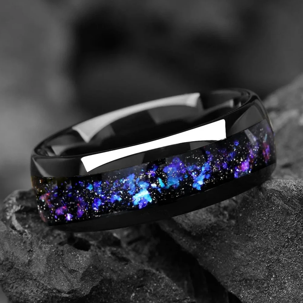 مجموعة خواتم زفاف الزوجين من الحجر الرملي الأزرق مقاس 8 مم - خواتم وعد فضاء المجرة التنغستن للأزواج - أشرطة متطابقة #2