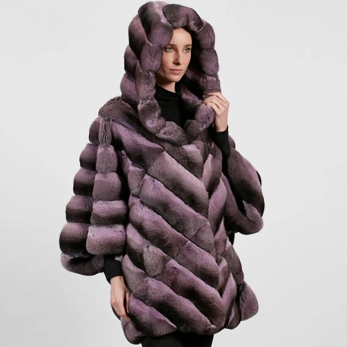 

Hooded Pink pruple Rex Rabbit Fur Outertwear Female Warm Winter Luxury Hoodie Natural Real Chinchilla Fur Real Fur Coat Women