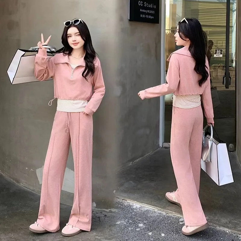 2025 봄 가을 신상 캐주얼 그레이 숏 스웨트셔츠 슬링 팬츠 3피스 수트 여성 스포티 스타일 탑 스트라이프 베스트 트라우저 세트