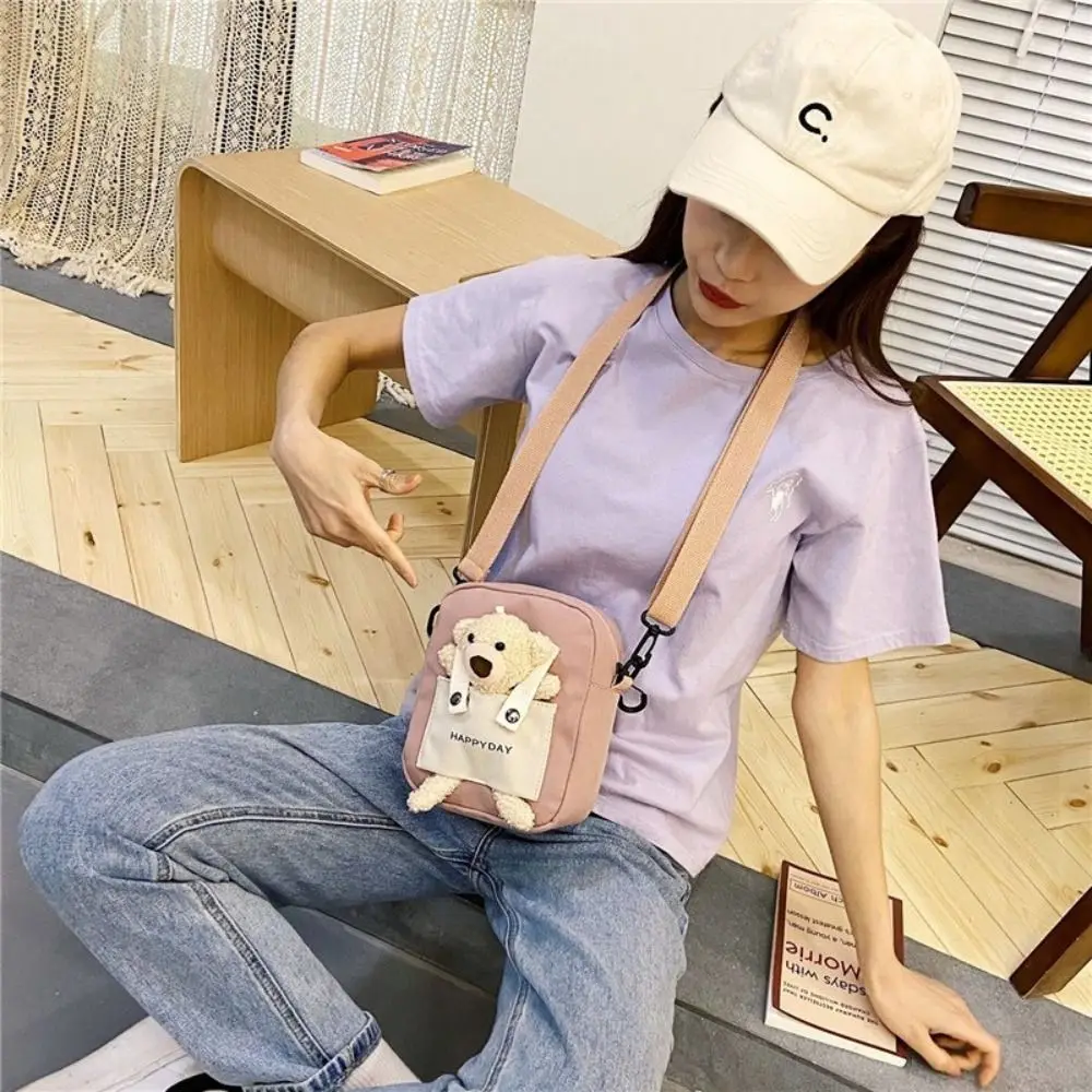 Verstelbare riem canvas schoudertas beer pop effen kleur mini casual crossbody tas cartoon Koreaanse stijl kleine messenger bag