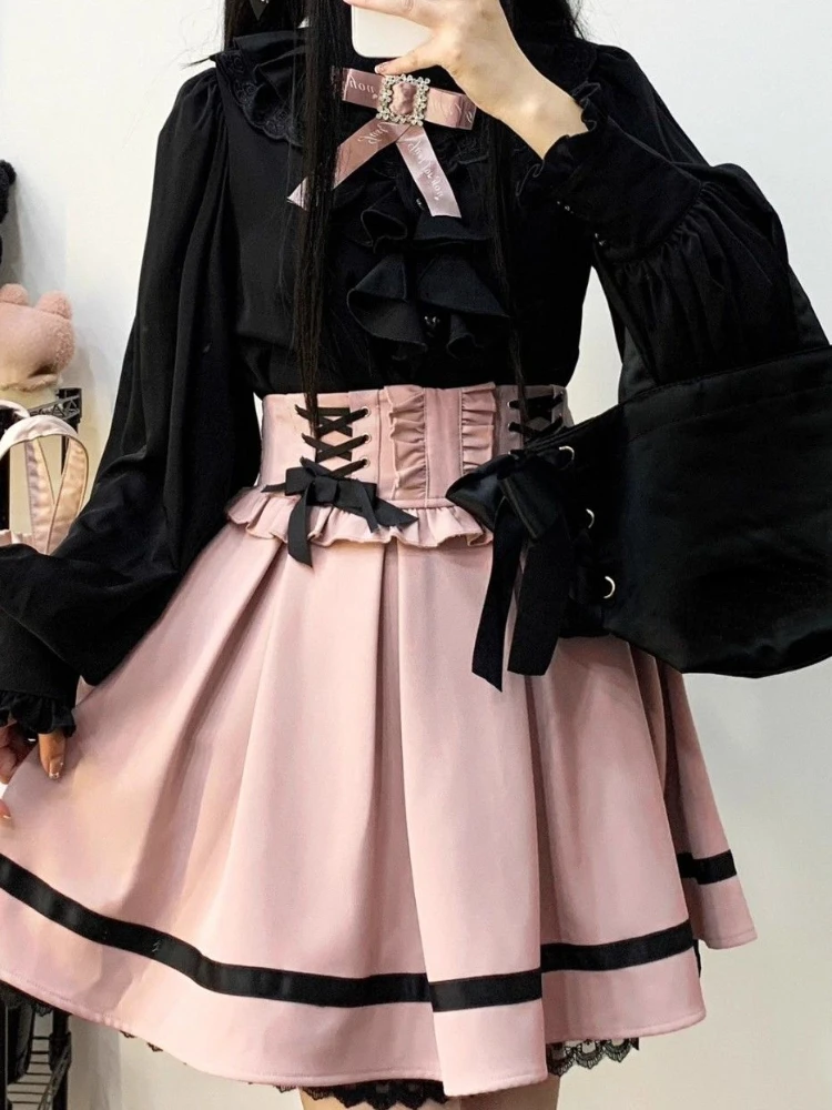 Black Blue Lolita Y2k Ribbon Skirt Women Lace Japanese Cute Party Mini Skirt Female A-line High Street Designer Puffy Skirt 2024