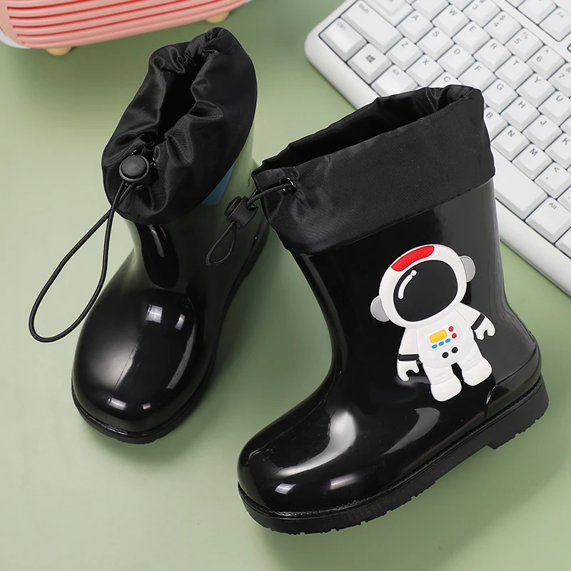 Cartoon Spacemen Slip-on Rain Boots Children Four Season Baby Shoes Kids Boys Girls Waterproof Anti-skid Cotton Warm Rain Shoes