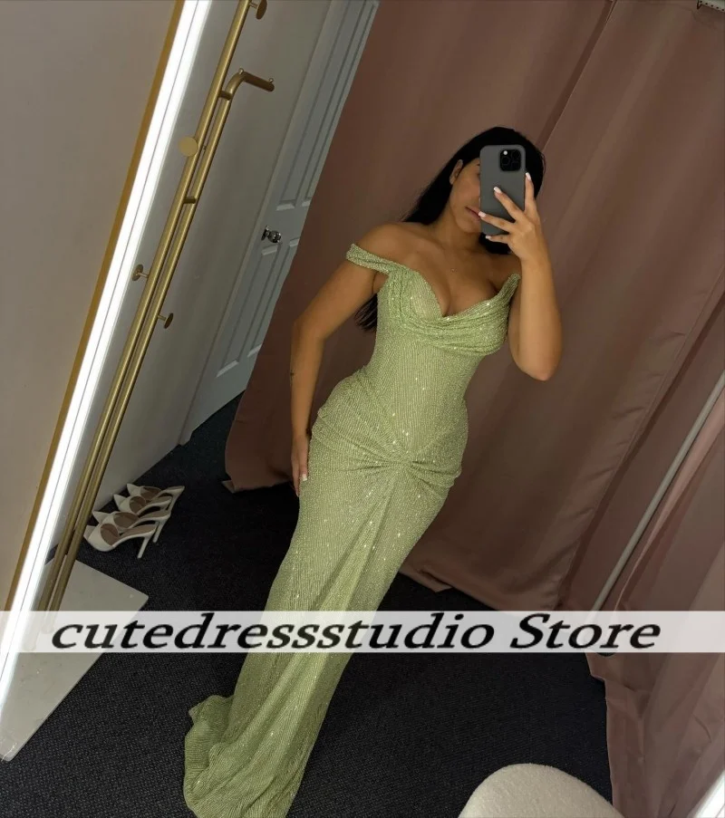 Robe de soirée formelle à paillettes vert clair pour femmes, épaules dénudées scintillantes, robes de soirée de mariage sirène, robes de bal personnalisées