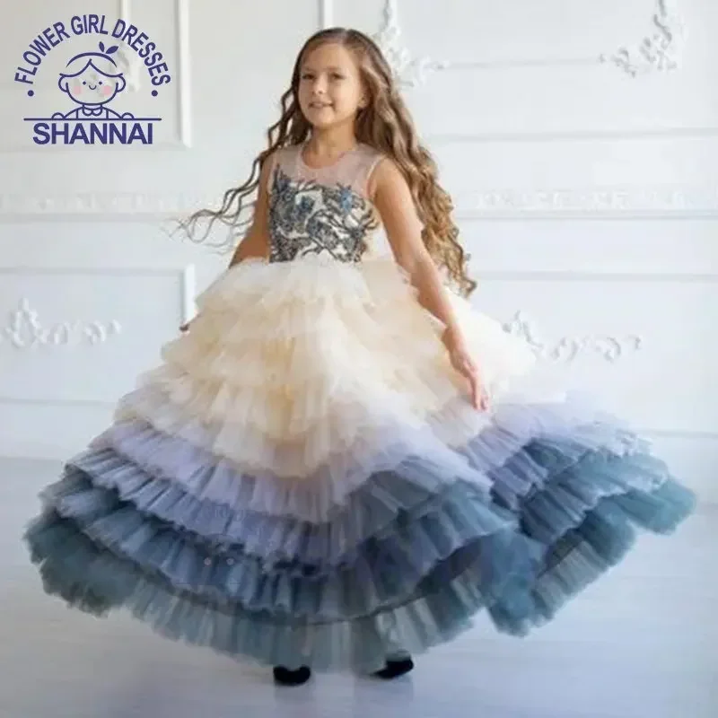 Flower Girls Dresses Sleeveless O-Neck Floor-Length  Ball Gown Wedding Bridesmaid Evening Princess Pageant Dress for Girls 1-14