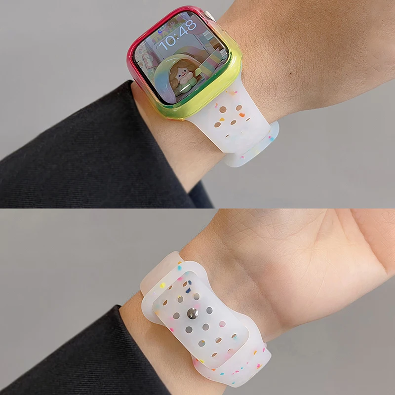 Cute Jelly Color Dot Hole Silicone Strap For Apple Watch 49 45 44 42 41 40 38MM Gradient Case Set For iWatch 9 8 7 6 5 SE Ultra2