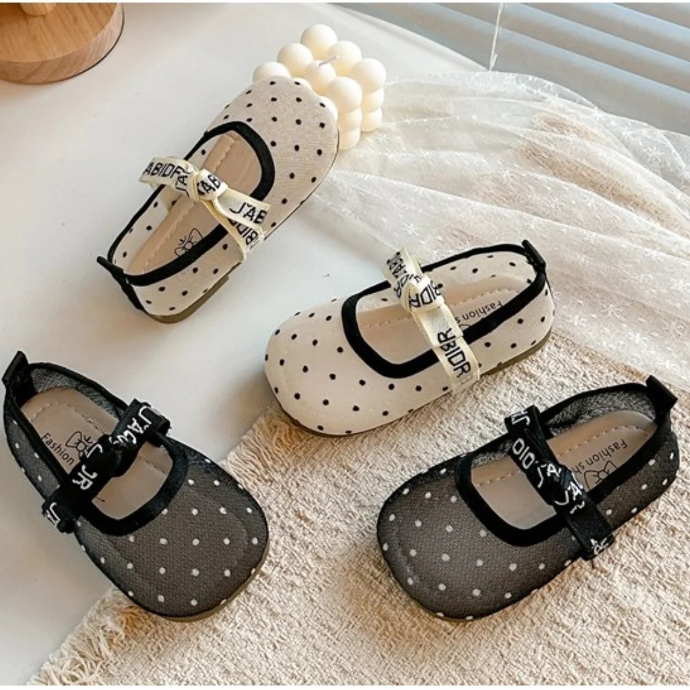 Girls'  Casual Shoes, Polka Dot Mesh Princess Cute Bow Spring Summer 2026 Suitable Toddlers, Medium Large Children Wedding Party