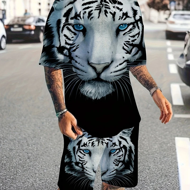 

Summer 2025 New Men's Large-sized Sportswear, Casual, Breathable Shorts, 3D Tiger Print, Y2K Style, Capri Pants Set