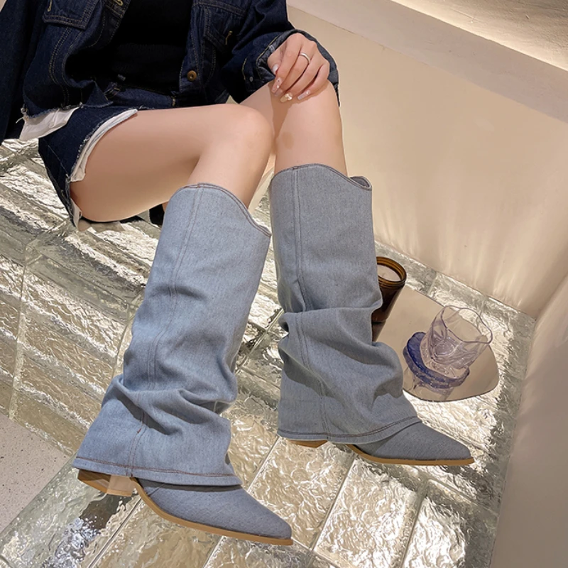 Schuhe weiblich neue Damen stiefel Falten Jeans hohe Stiefel Herbst dicke Absätze spitze Zehen Cowboys tiefel Frau Western lange Botas