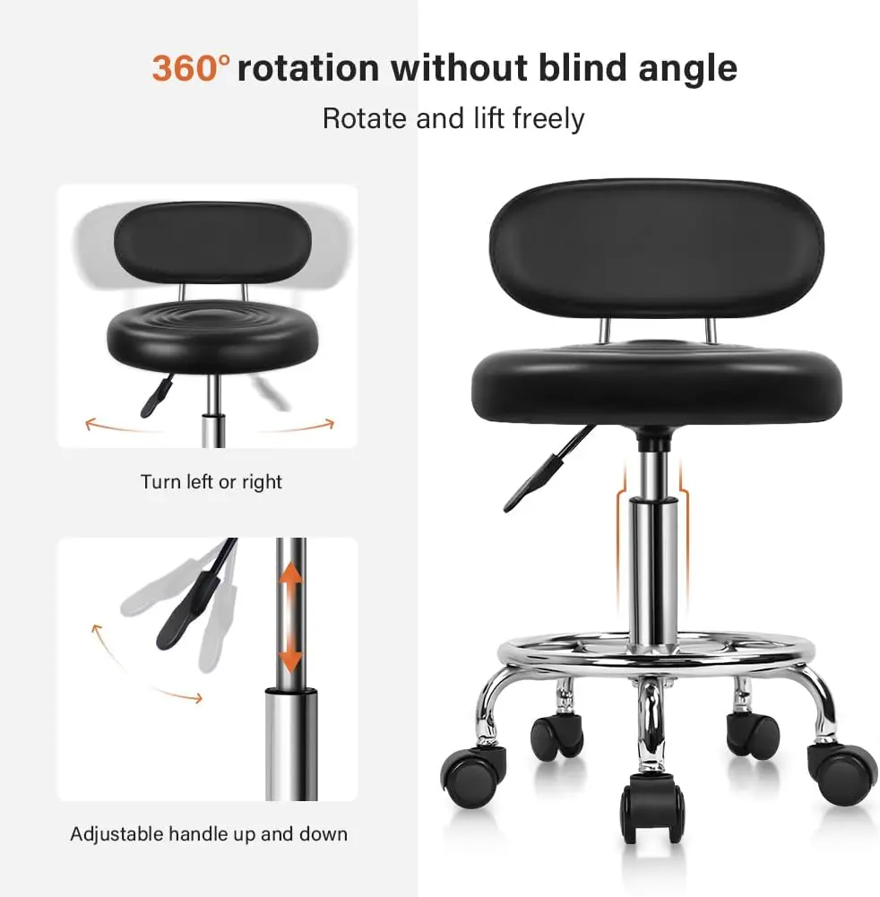 PU Leather Modern Rolling Stool with Low Back Height Adjustable Work Salon Drafting Swivel Task Chair with Footrest (Bla