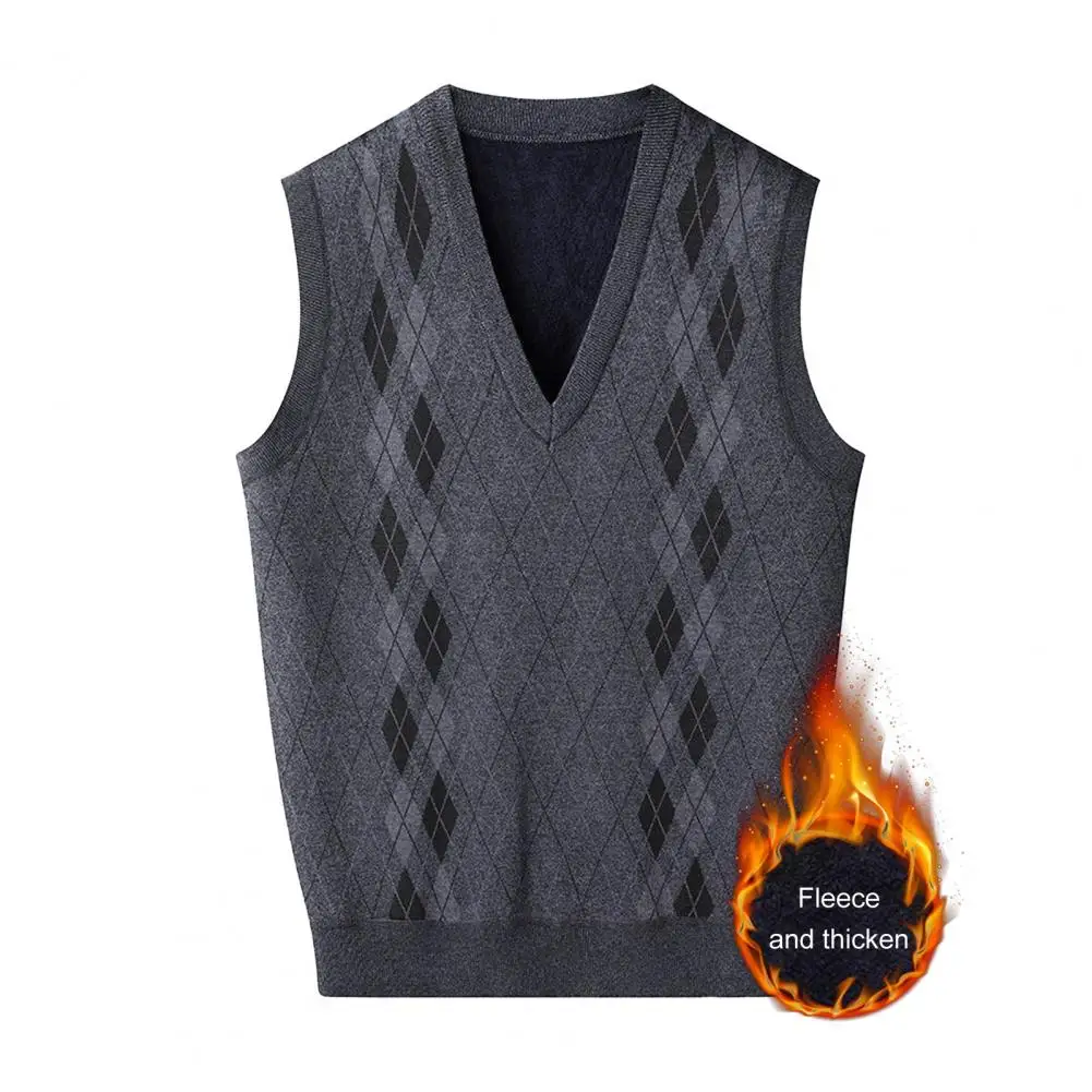 Men Sleeveless Pullover Sweater Men's V-neck Sleeveless Knitting Vest with Plush Lining Rhombus Line Patterns Winter for Warmth