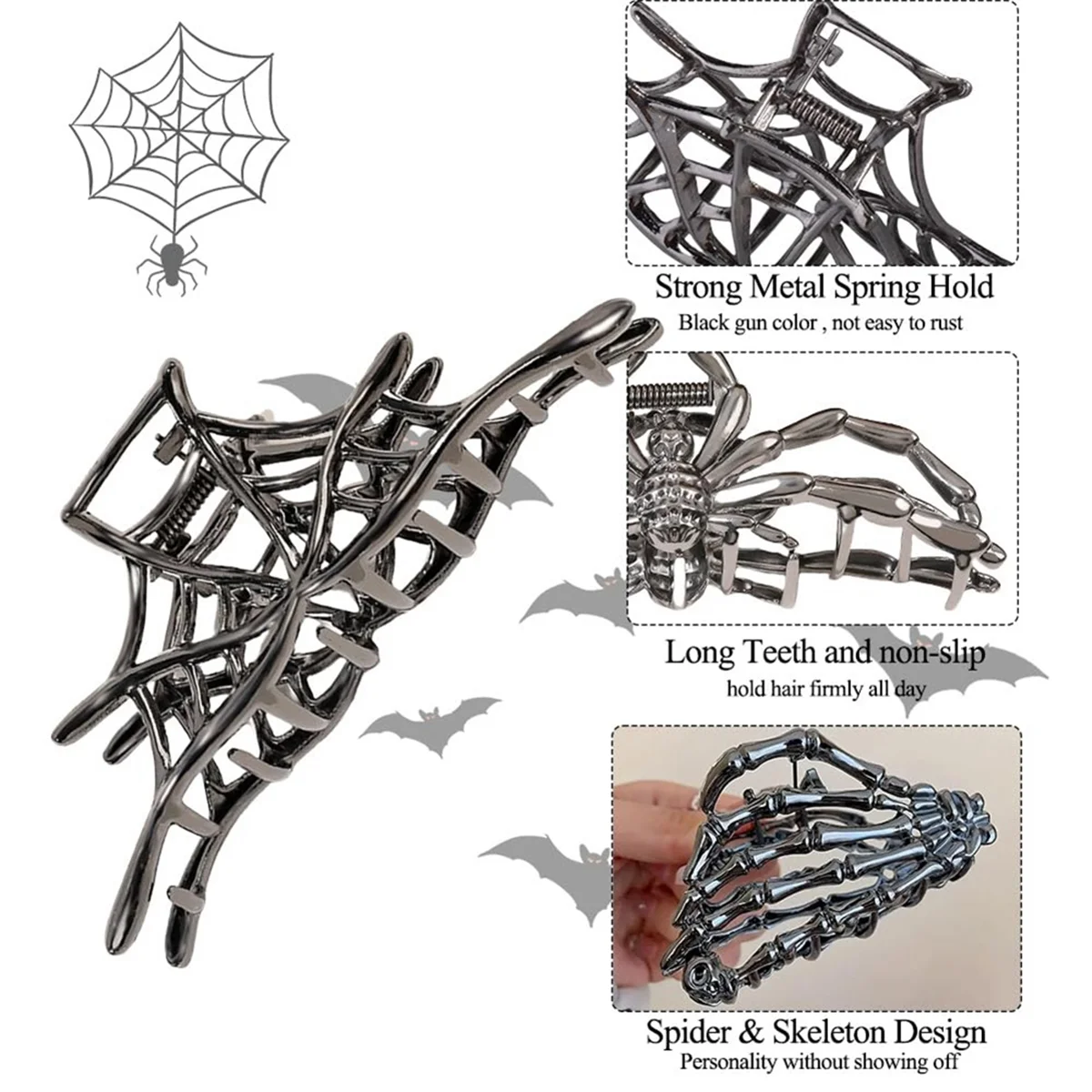 2025+3PCS Black Spider Web Hand Skull Hair Claw Clips, Headband Barrette for Halloween Styling Hair Accessories Party Gift
